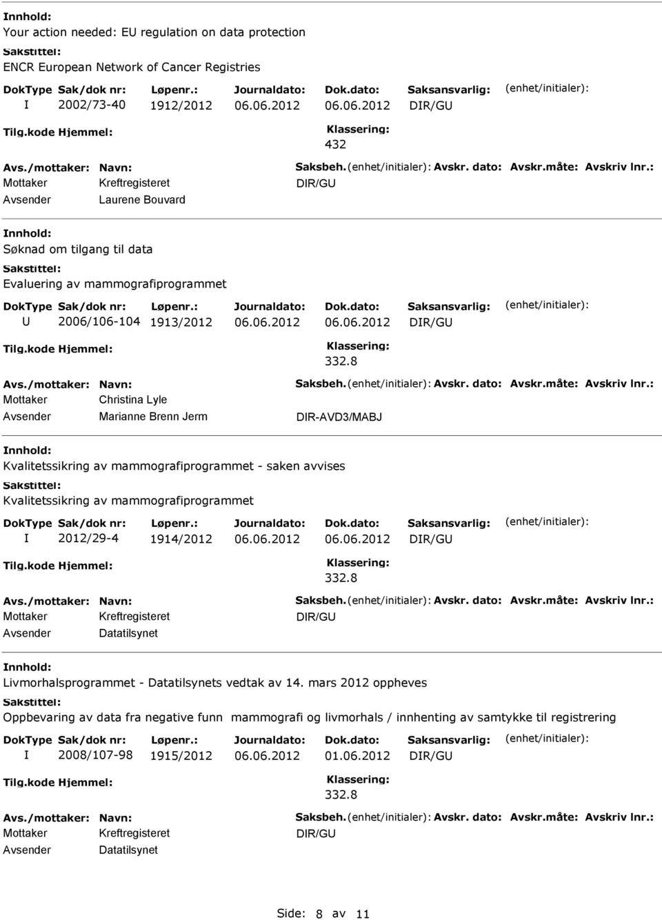 mammografiprogrammet - saken avvises Kvalitetssikring av mammografiprogrammet 2012/29-4 1914/2012 DR/G DR/G Datatilsynet Livmorhalsprogrammet - Datatilsynets vedtak