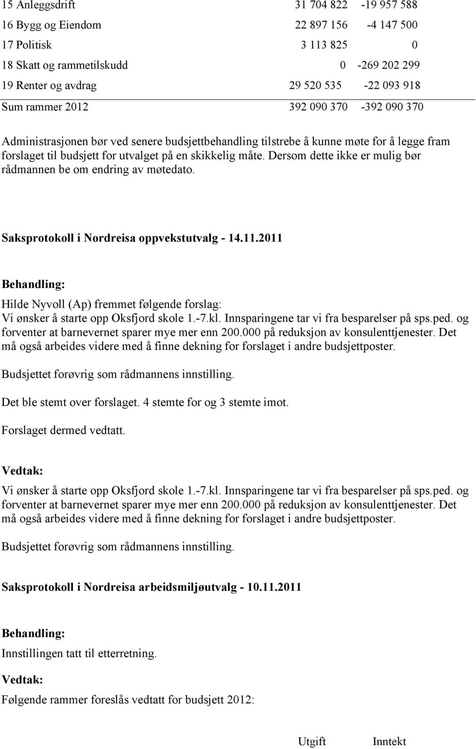 Dersom dette ikke er mulig bør rådmannen be om endring av møtedato. Saksprotokoll i Nordreisa oppvekstutvalg - 14.11.