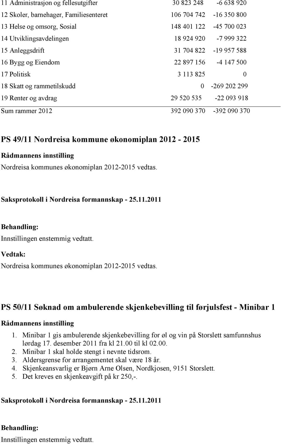 Sum rammer 2012 392 090 370-392 090 370 PS 49/11 Nordreisa kommune økonomiplan 2012-2015 Nordreisa kommunes økonomiplan 2012-2015 vedtas.