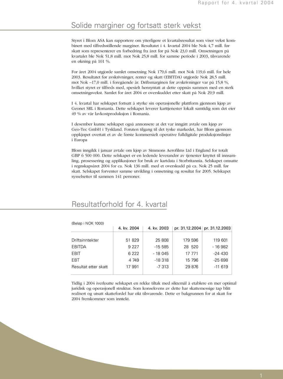 for samme periode i 2003, tilsvarende en økning på 101 %. For året 2004 utgjorde samlet omsetning Nok 179,6 mill. mot Nok 119,6 mill. for hele 2003.