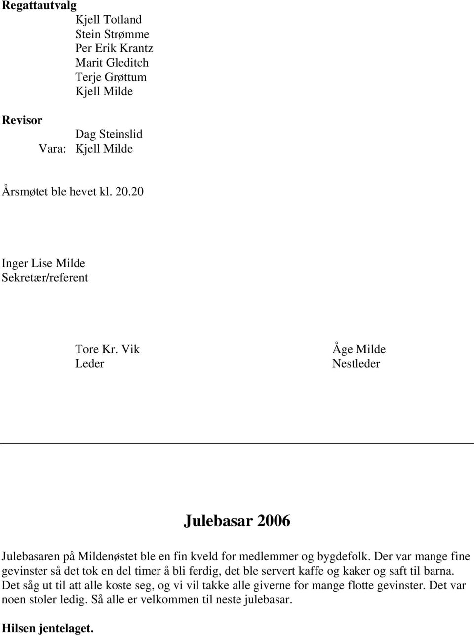 Vik Leder Åge Milde Nestleder Julebasar 2006 Julebasaren på Mildenøstet ble en fin kveld for medlemmer og bygdefolk.