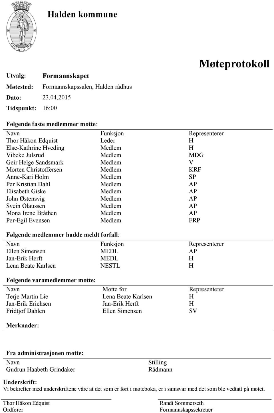 Sandsmark Medlem V Morten Christoffersen Medlem KRF Anne-Kari Holm Medlem SP Per Kristian Dahl Medlem AP Elisabeth Giske Medlem AP John Østensvig Medlem AP Svein Olaussen Medlem AP Mona Irene Bråthen