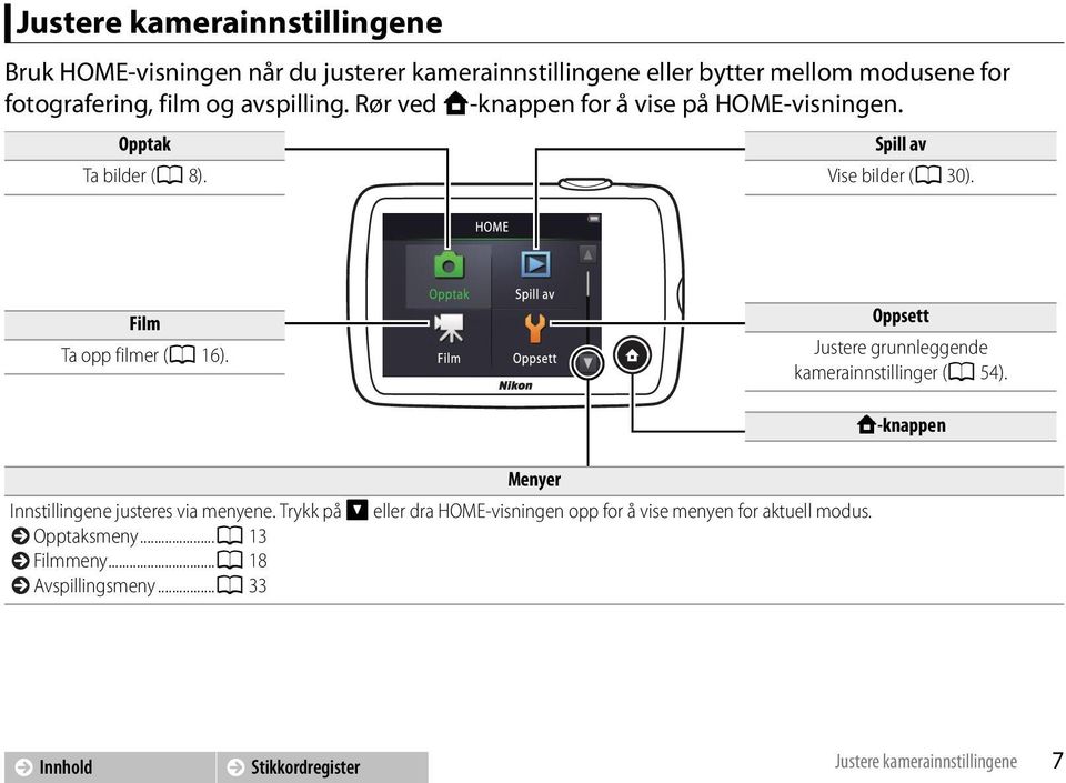 Film Ta opp filmer (A 16). Oppsett Justere grunnleggende kamerainnstillinger (A 54). Menyer Innstillingene justeres via menyene.