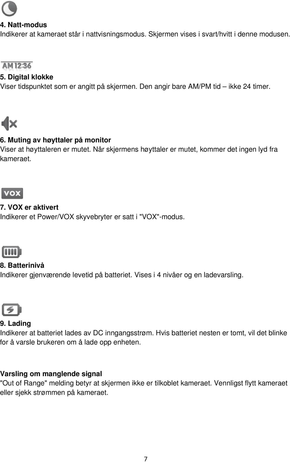 VOX er aktivert Indikerer et Power/VOX skyvebryter er satt i "VOX"-modus. 8. Batterinivå Indikerer gjenværende levetid på batteriet. Vises i 4 nivåer og en ladevarsling. 9.