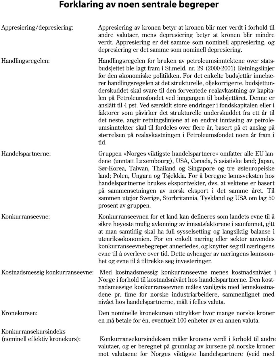 Handlingsregelen for bruken av petroleumsinntektene over statsbudsjettet ble lagt fram i St.meld. nr. 29 (2000-2001) Retningslinjer for den økonomiske politikken.