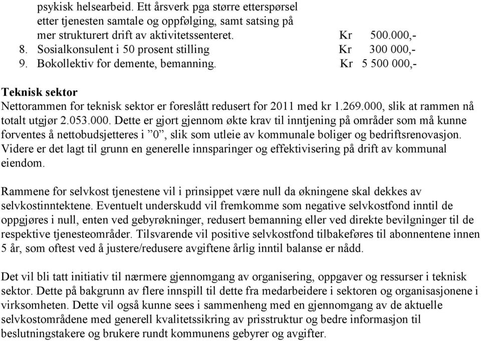 000, slik at rammen nå totalt utgjør 2.053.000. Dette er gjort gjennom økte krav til inntjening på områder som må kunne forventes å nettobudsjetteres i 0, slik som utleie av kommunale boliger og bedriftsrenovasjon.