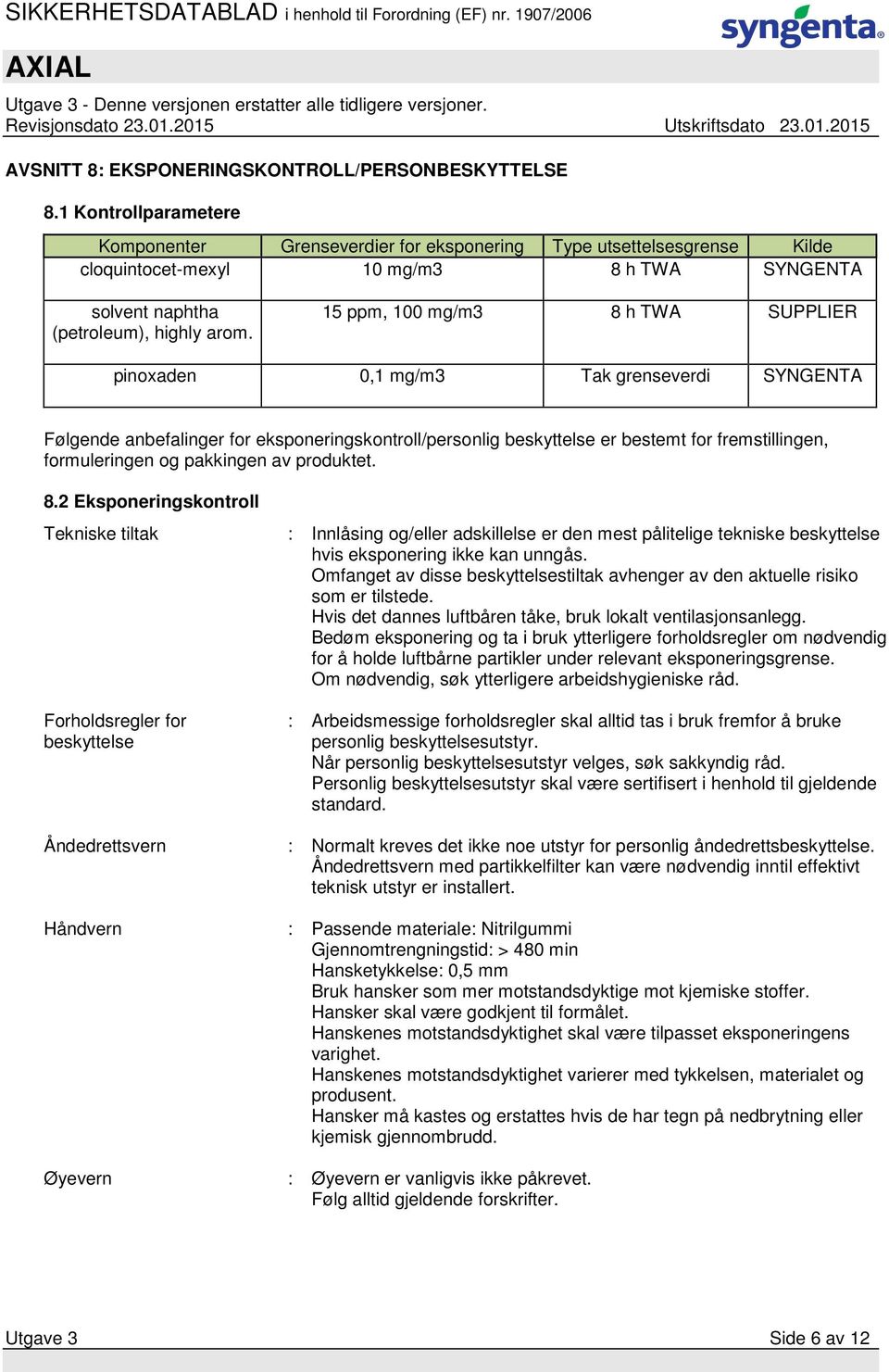 15 ppm, 100 mg/m3 8 h TWA SUPPLIER pinoxaden 0,1 mg/m3 Tak grenseverdi SYNGENTA Følgende anbefalinger for eksponeringskontroll/personlig beskyttelse er bestemt for fremstillingen, formuleringen og