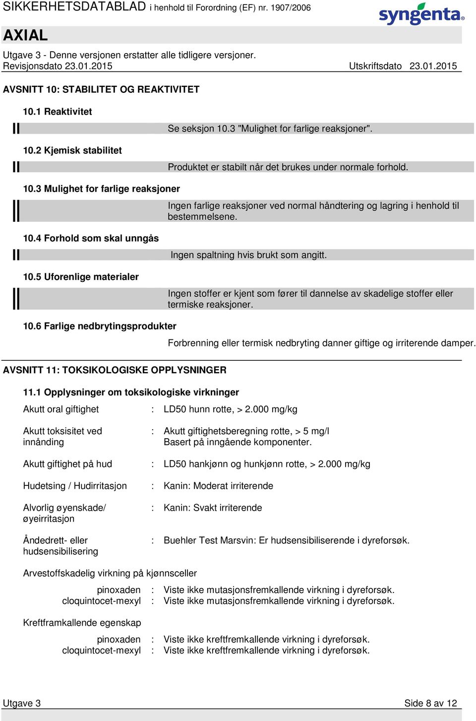 AVSNITT 11: TOKSIKOLOGISKE OPPLYSNINGER 11.1 Opplysninger om toksikologiske virkninger Akutt oral giftighet : LD50 hunn rotte, > 2.