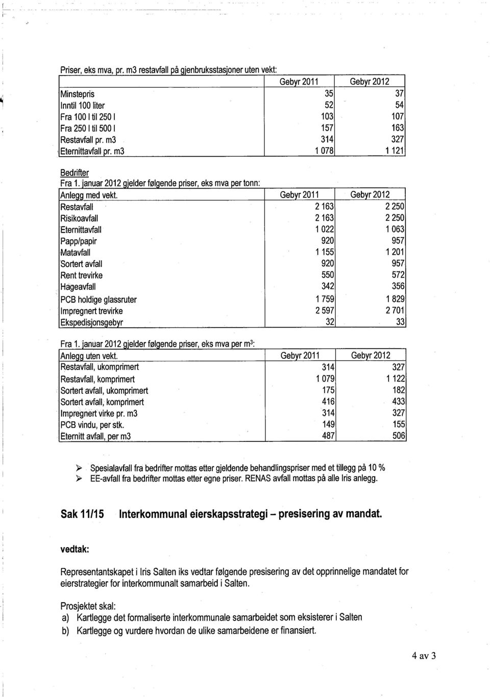 m3 1078 1121 Bedrifter Fra 1.ianuar. 2012 oieider føloende priser, eks mva per tonn: Anleoo med vekt.