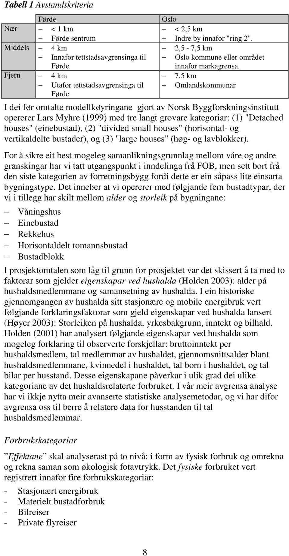 7,5 km Omlandskommunar I dei før omtalte modellkøyringane gjort av Norsk Byggforskningsinstitutt opererer Lars Myhre (1999) med tre langt grovare kategoriar: (1) "Detached houses" (einebustad), (2)