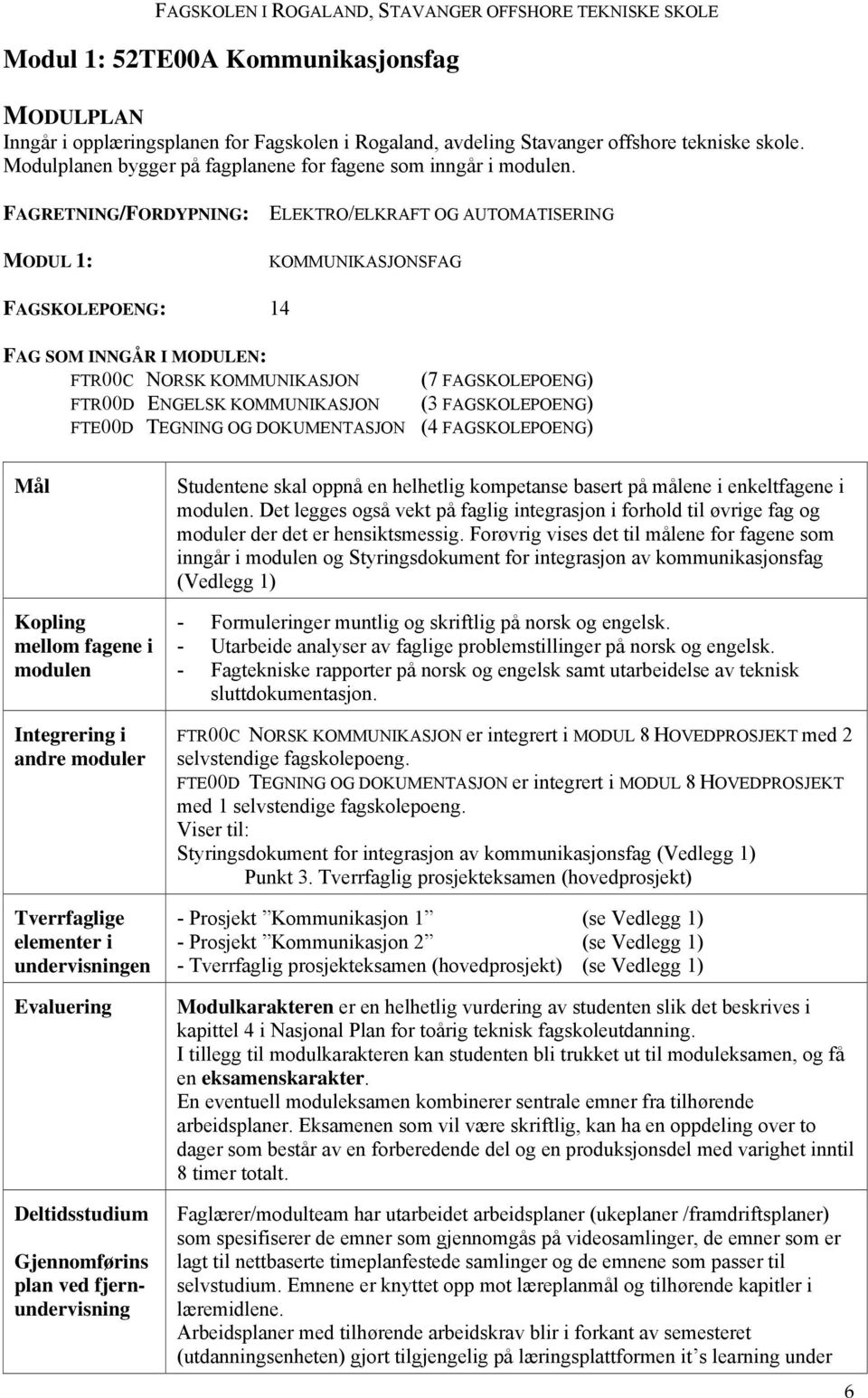 FAGRETNING/FORDYPNING: MODUL 1: ELEKTRO/ELKRAFT OG AUTOMATISERING KOMMUNIKASJONSFAG FAGSKOLEPOENG: 14 FAG SOM INNGÅR I MODULEN: FTR00C NORSK KOMMUNIKASJON (7 FAGSKOLEPOENG) FTR00D ENGELSK