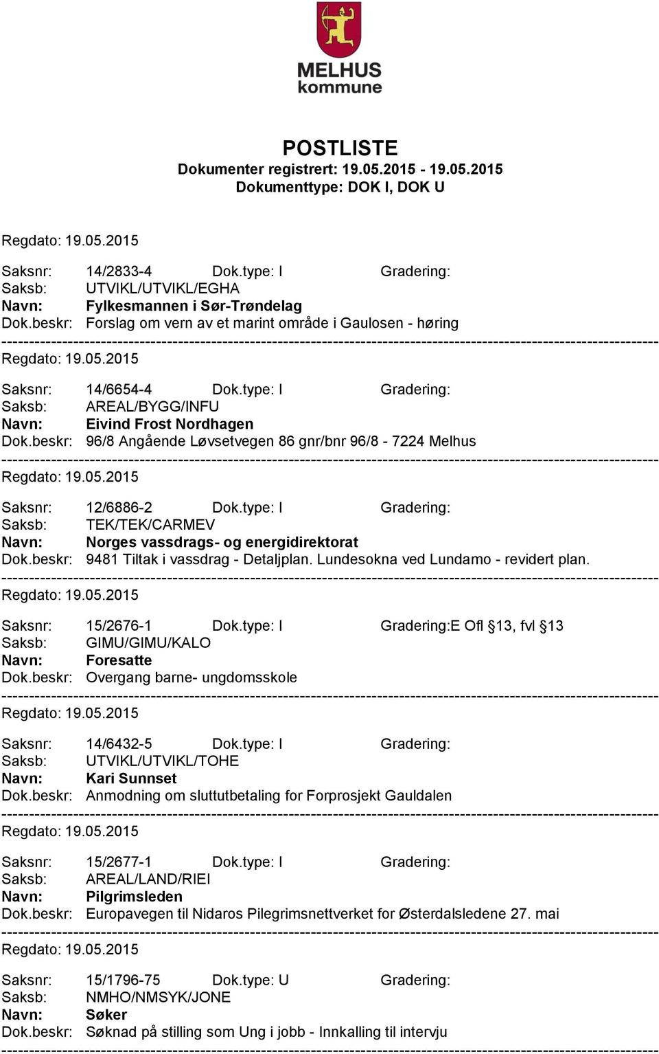 type: I Gradering: Saksb: TEK/TEK/CARMEV Navn: Norges vassdrags- og energidirektorat Dok.beskr: 9481 Tiltak i vassdrag - Detaljplan. Lundesokna ved Lundamo - revidert plan. Saksnr: 15/2676-1 Dok.