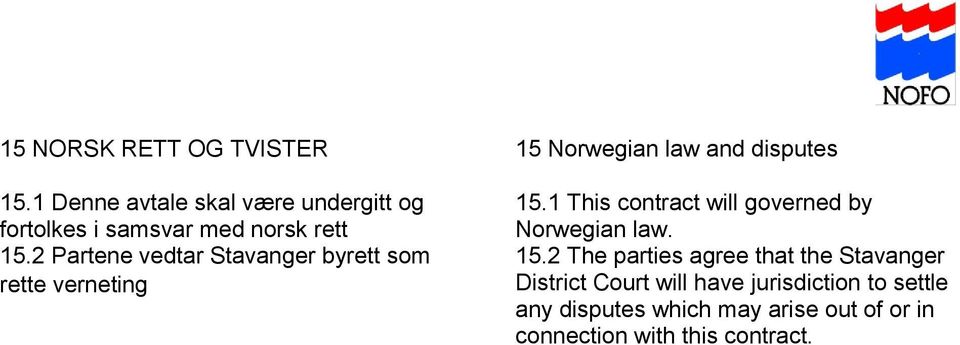 2 Partene vedtar Stavanger byrett som rette verneting 15 Norwegian law and disputes 15.