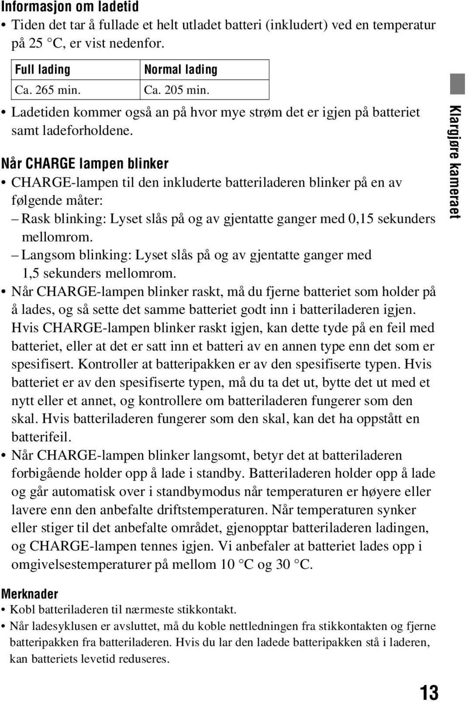 Når CHARGE lampen blinker CHARGE-lampen til den inkluderte batteriladeren blinker på en av følgende måter: Rask blinking: Lyset slås på og av gjentatte ganger med 0,15 sekunders mellomrom.