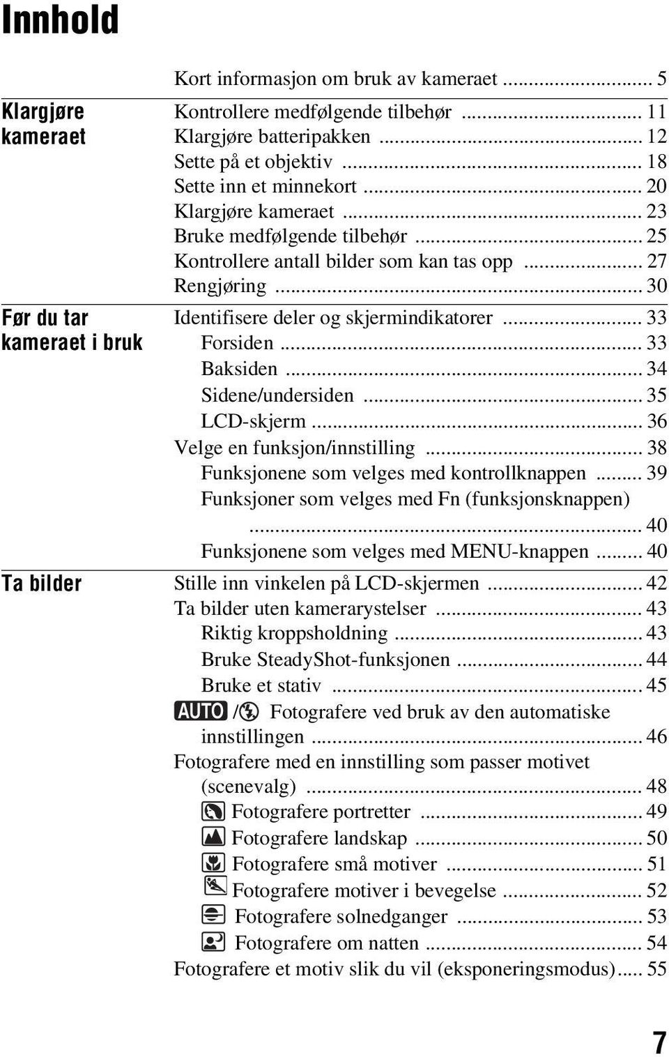 .. 33 Forsiden... 33 Baksiden... 34 Sidene/undersiden... 35 LCD-skjerm... 36 Velge en funksjon/innstilling... 38 Funksjonene som velges med kontrollknappen.