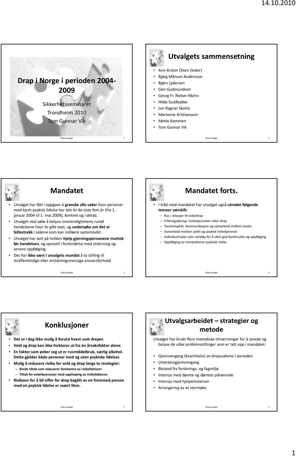 Utvalget har fått i oppgave å granske alle saker hvor personer med kjent psykisk lidelse har tatt liv de siste fem år (fra 1. januar 2004 til 1. mai 2009), konkret og i detalj.