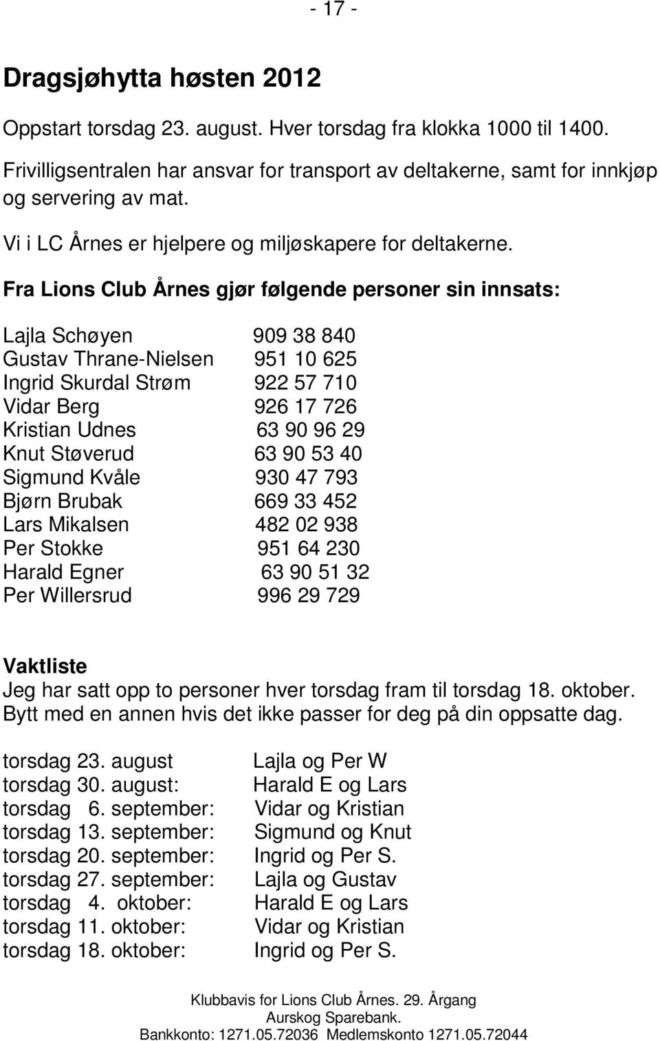 Fra Lions Club Årnes gjør følgende personer sin innsats: Lajla Schøyen 909 38 840 Gustav Thrane-Nielsen 951 10 625 Ingrid Skurdal Strøm 922 57 710 Vidar Berg 926 17 726 Kristian Udnes 63 90 96 29