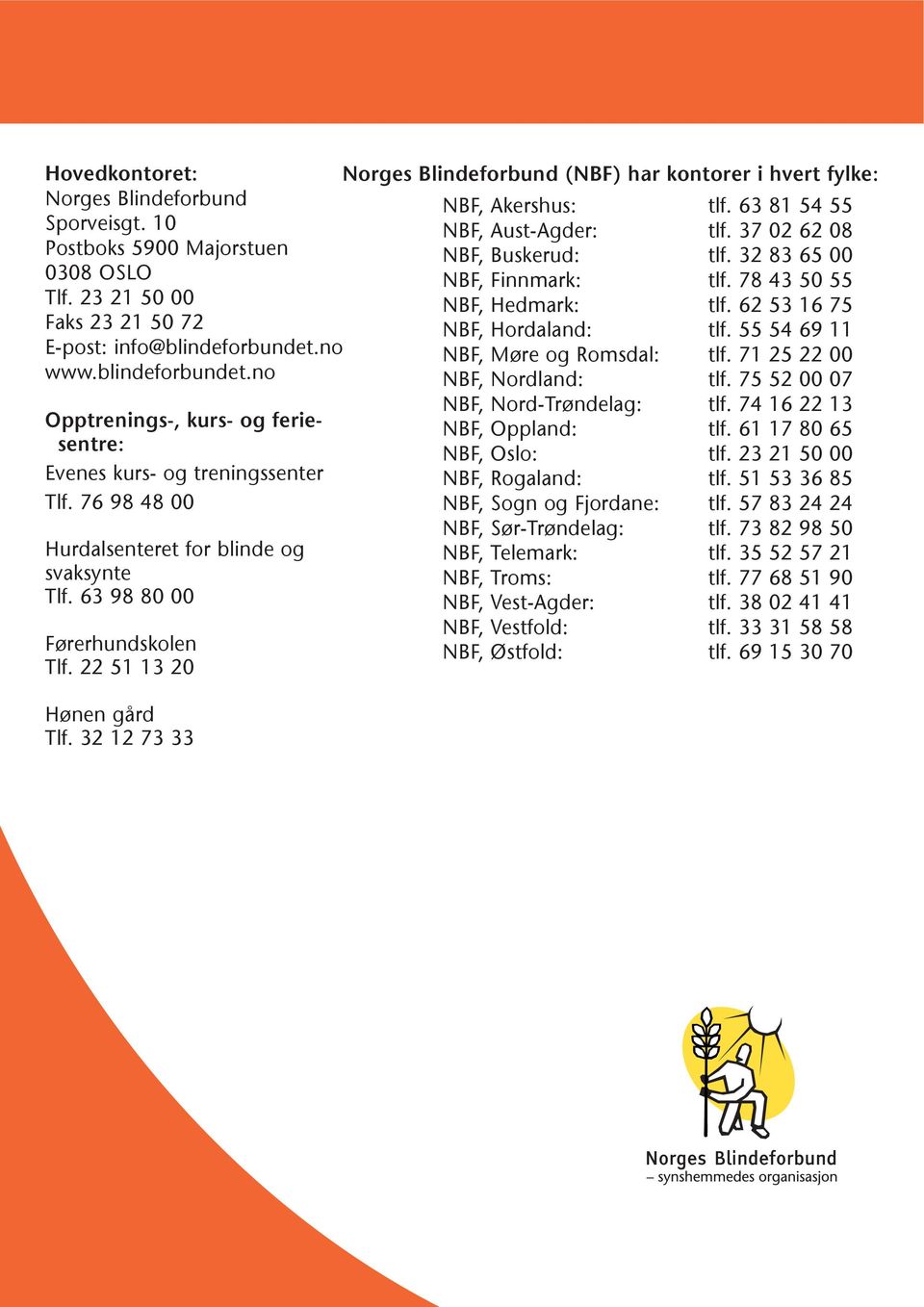 22 51 13 20 Hønen gård Tlf. 32 12 73 33 Norges Blindeforbund (NBF) har kontorer i hvert fylke: NBF, Akershus: tlf. 63 81 54 55 NBF, Aust-Agder: tlf. 37 02 62 08 NBF, Buskerud: tlf.