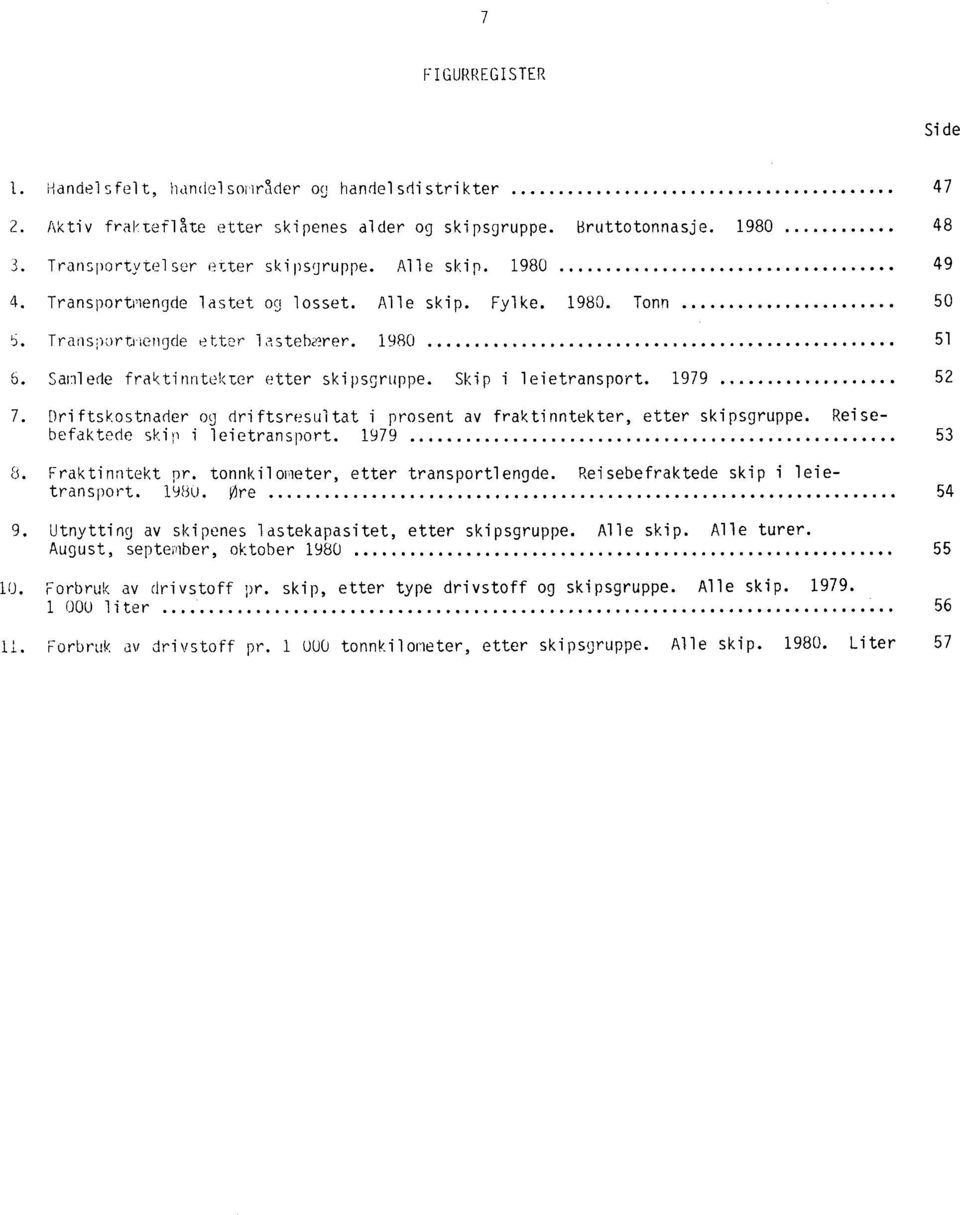 1979 52 7. Driftskostnader og driftsresultat i prosent av fraktinntekter, etter skipsgruppe. Reisebefaktede skin i leietransport. 1979 53 8. Fraktinntekt pr. tonnkilovieter, etter transportlengde.