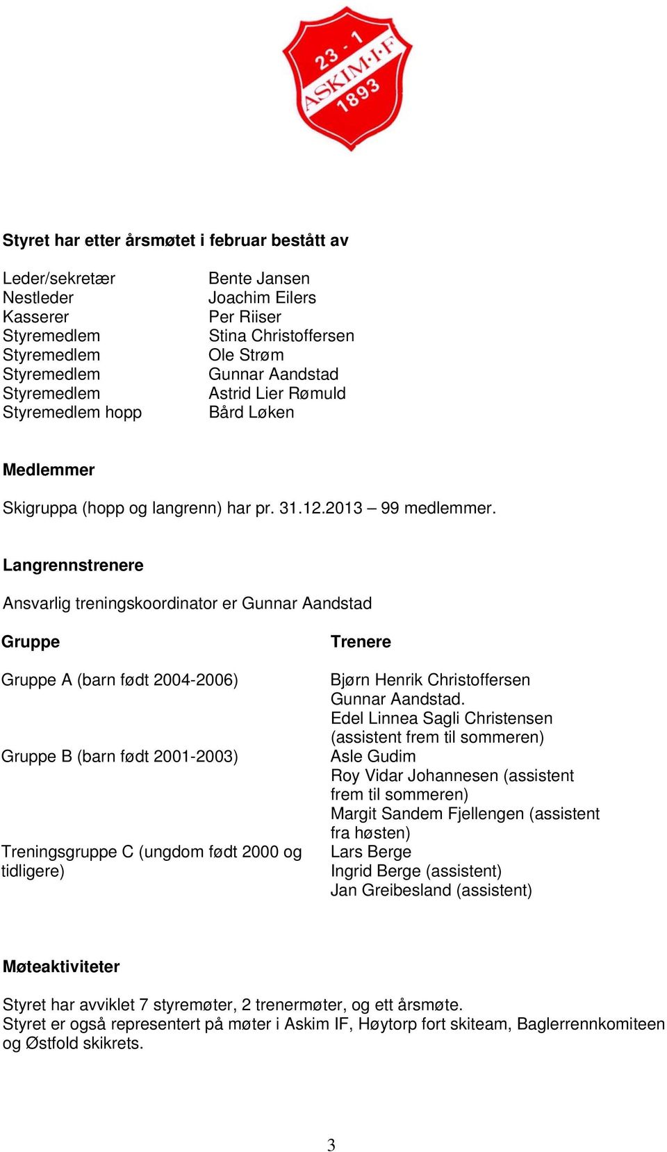 Langrennstrenere Ansvarlig treningskoordinator er Gunnar Aandstad Gruppe Gruppe A (barn født 2004-2006) Gruppe B (barn født 2001-2003) Treningsgruppe C (ungdom født 2000 og tidligere) Trenere Bjørn