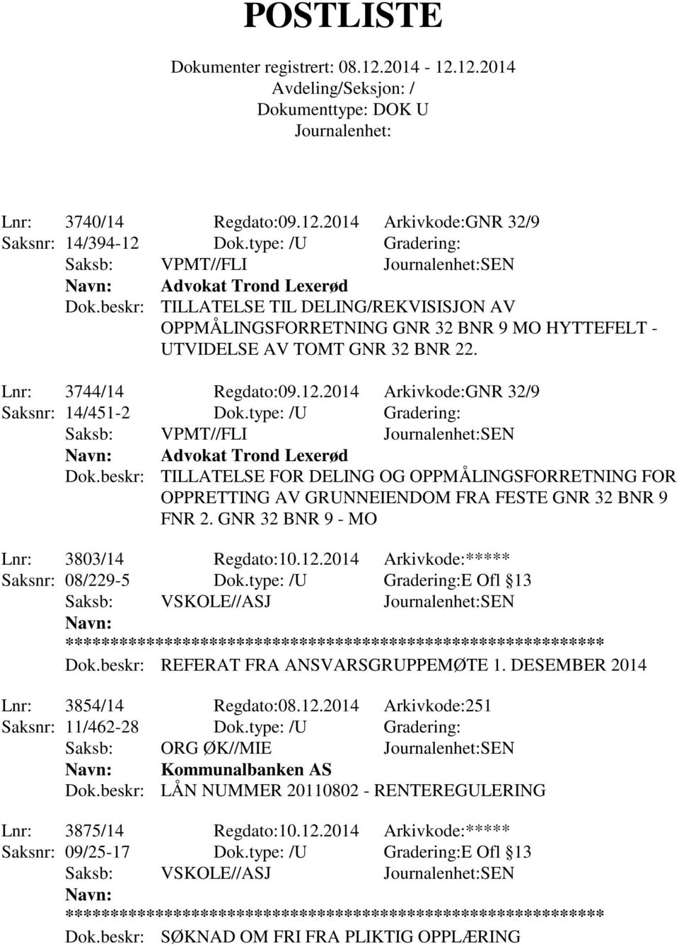 type: /U Gradering: Saksb: VPMT//FLI SEN Advokat Trond Lexerød Dok.beskr: TILLATELSE FOR DELING OG OPPMÅLINGSFORRETNING FOR OPPRETTING AV GRUNNEIENDOM FRA FESTE GNR 32 BNR 9 FNR 2.