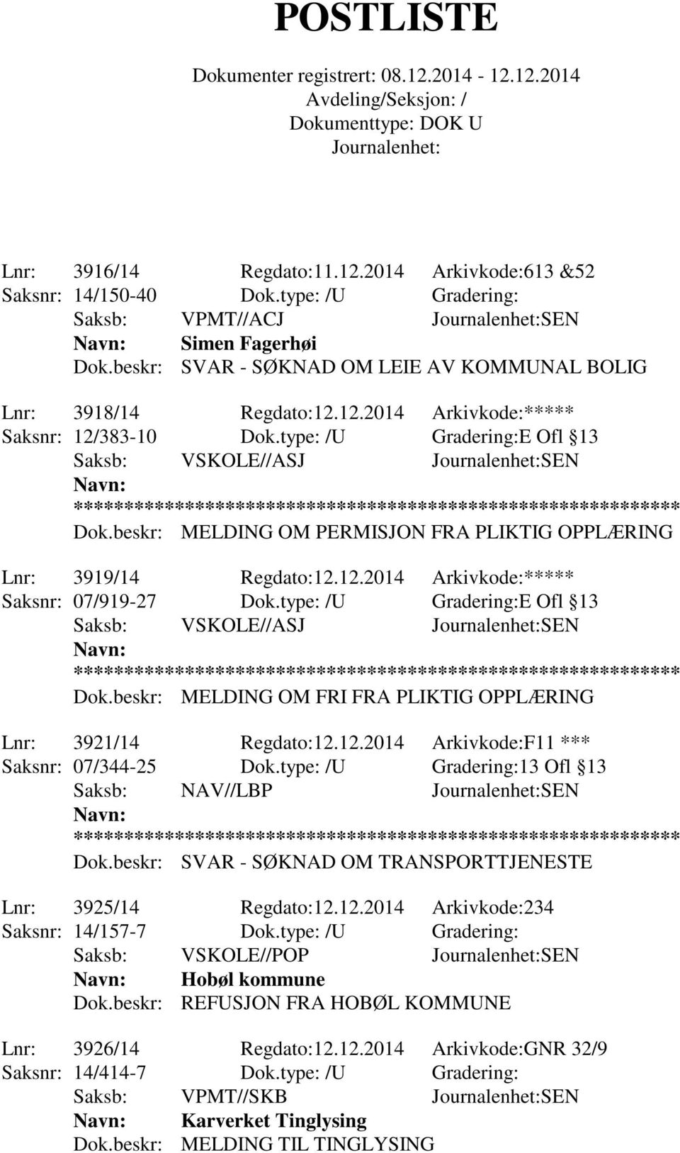 beskr: MELDING OM PERMISJON FRA PLIKTIG OPPLÆRING Lnr: 3919/14 Regdato:12.12.2014 Arkivkode:***** Saksnr: 07/919-27 Dok.type: /U Gradering:E Ofl 13 Saksb: VSKOLE//ASJ SEN Dok.