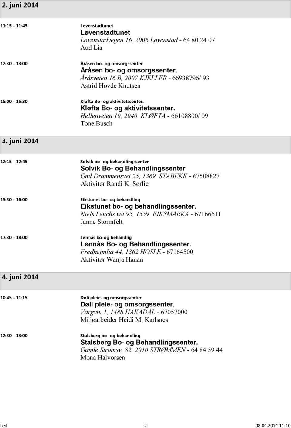 juni 2014 12:15-12:45 Solvik bo- og behandlingssenter Solvik Bo- og Behandlingssenter Gml Drammensvei 25, 1369 STABEKK - 67508827 Aktivitør Randi K.