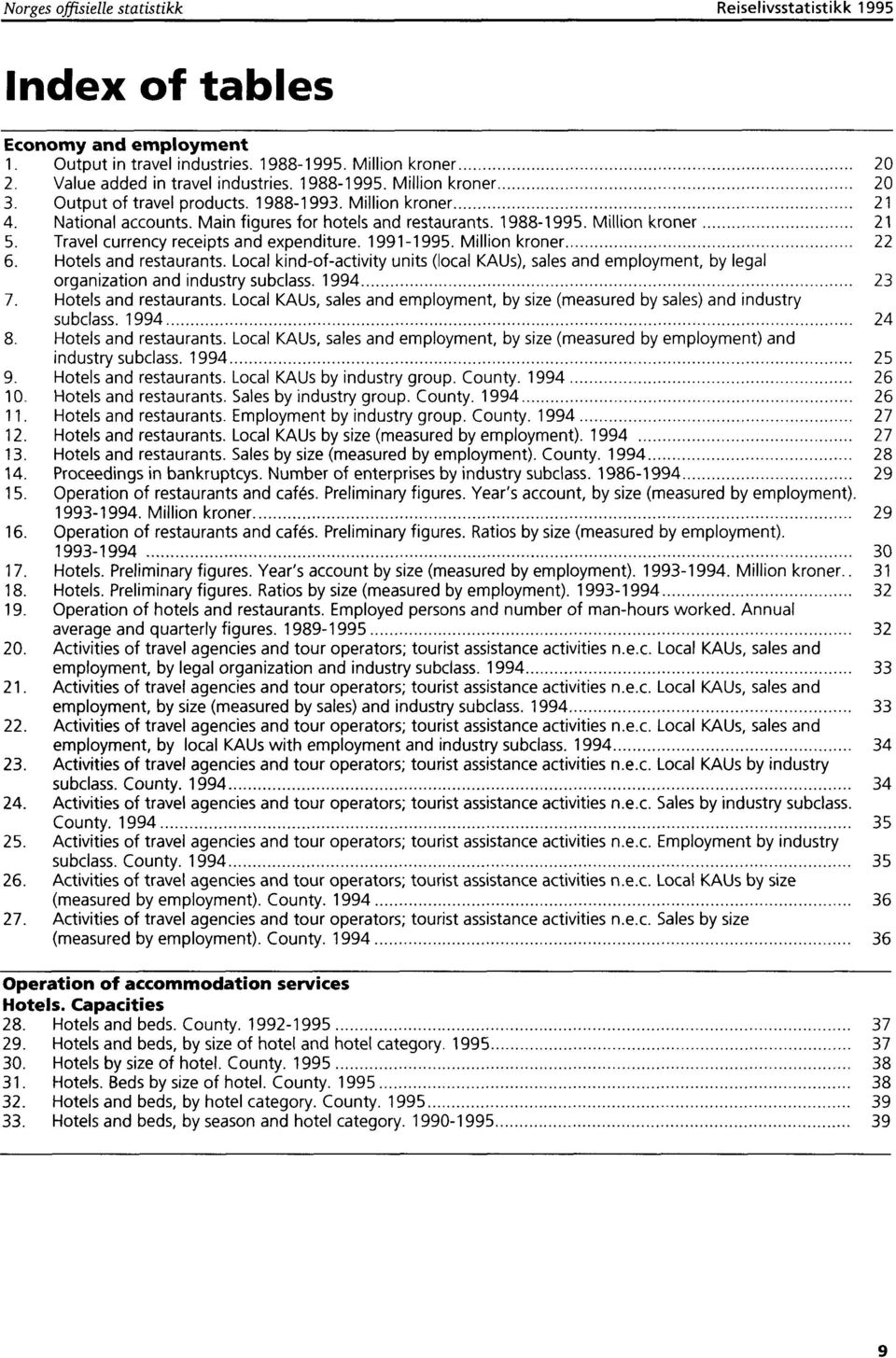 Travel currency receipts and expenditure. 1991-1995. Million kroner 22 6. Hotels and restaurants.