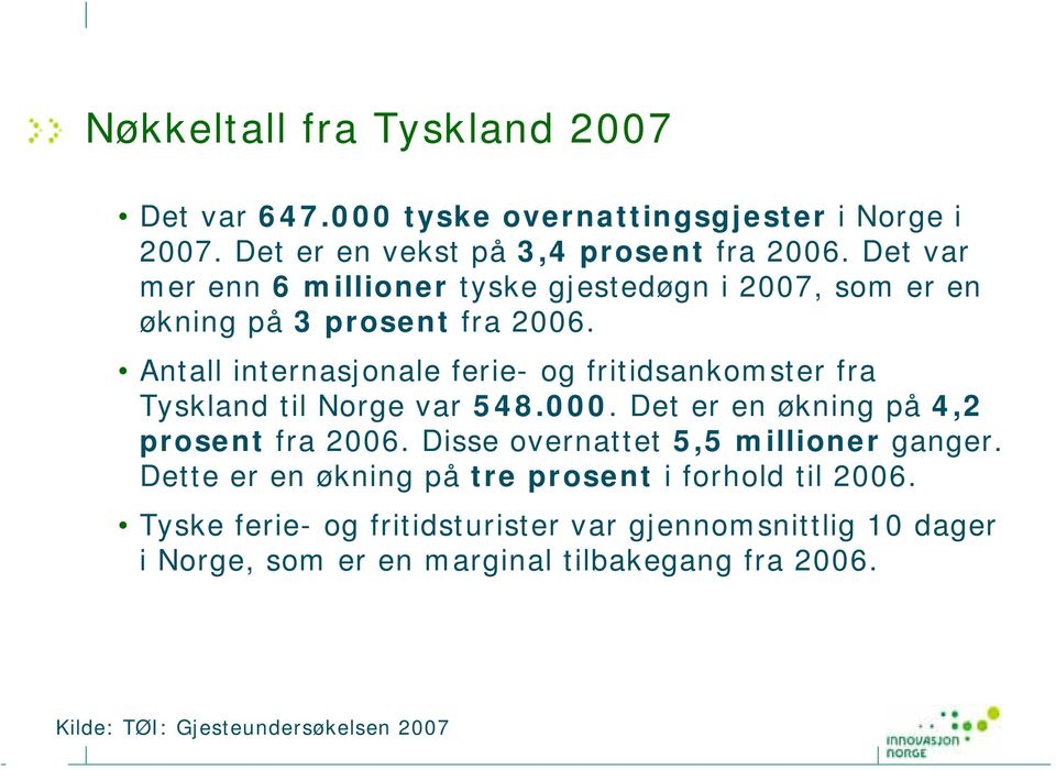 Antall internasjonale ferie- og fritidsankomster fra Tyskland til Norge var 548.000. Det er en økning på 4,2 prosent fra 2006.