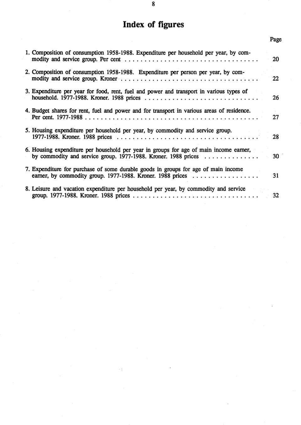 Budget shares for rent, fuel and power and for transport in various areas of residence. Per cent. 977-988 7 5. Housing expenditure per household per year, by commodity and service group. 977-988. Kroner.