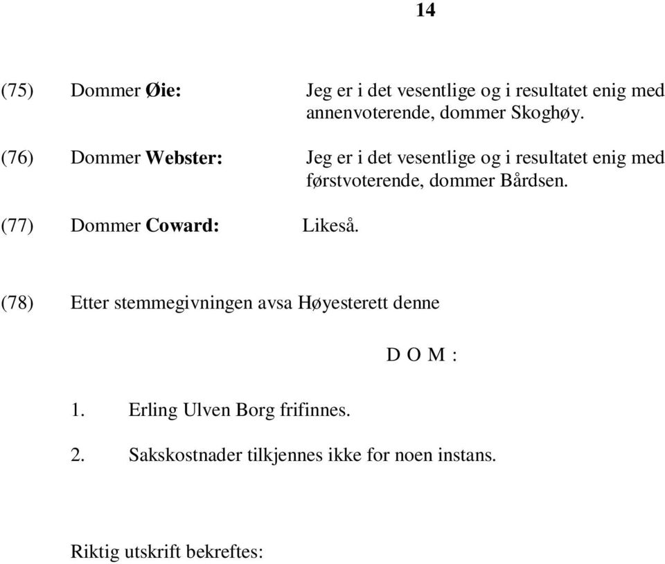 Bårdsen. (77) Dommer Coward: Likeså. (78) Etter stemmegivningen avsa Høyesterett denne D O M : 1.