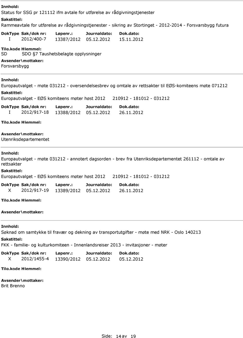 kode SD Hjemmel: SDO 7 Taushetsbelagte opplysninger Forsvarsbygg Europautvalget - møte 031212 - oversendelsesbrev og omtale av rettsakter til EØS-komiteens møte 071212 Europautvalget - EØS komiteens