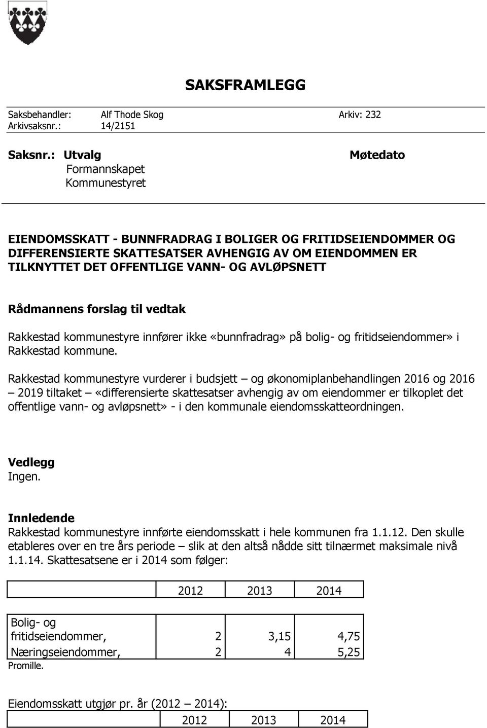 AVLØPSNETT Rådmannens forslag til vedtak Rakkestad kommunestyre innfører ikke «bunnfradrag» på bolig- og fritidseiendommer» i Rakkestad kommune.