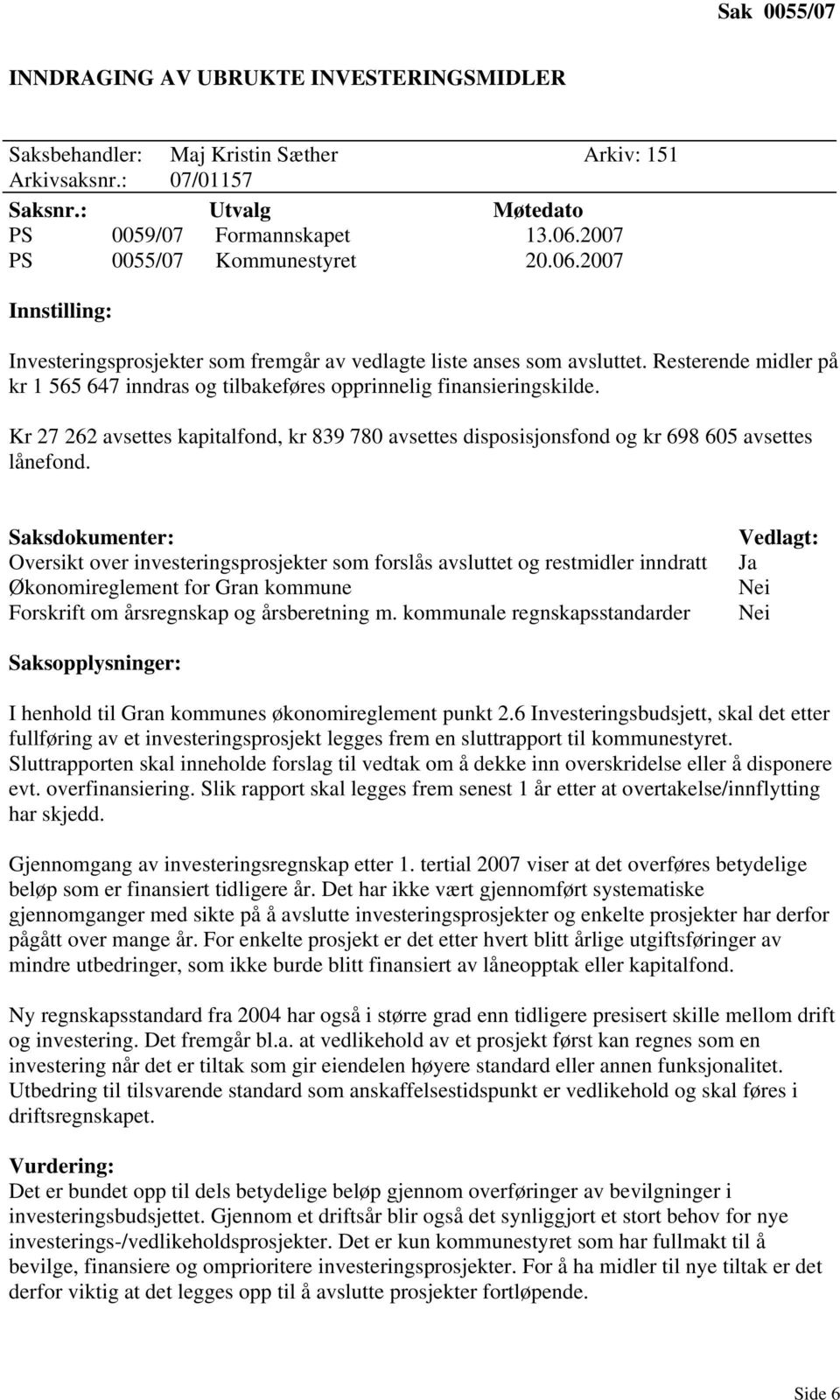 Resterende midler på kr 1 565 647 inndras og tilbakeføres opprinnelig finansieringskilde. Kr 27 262 avsettes kapitalfond, kr 839 780 avsettes disposisjonsfond og kr 698 605 avsettes lånefond.