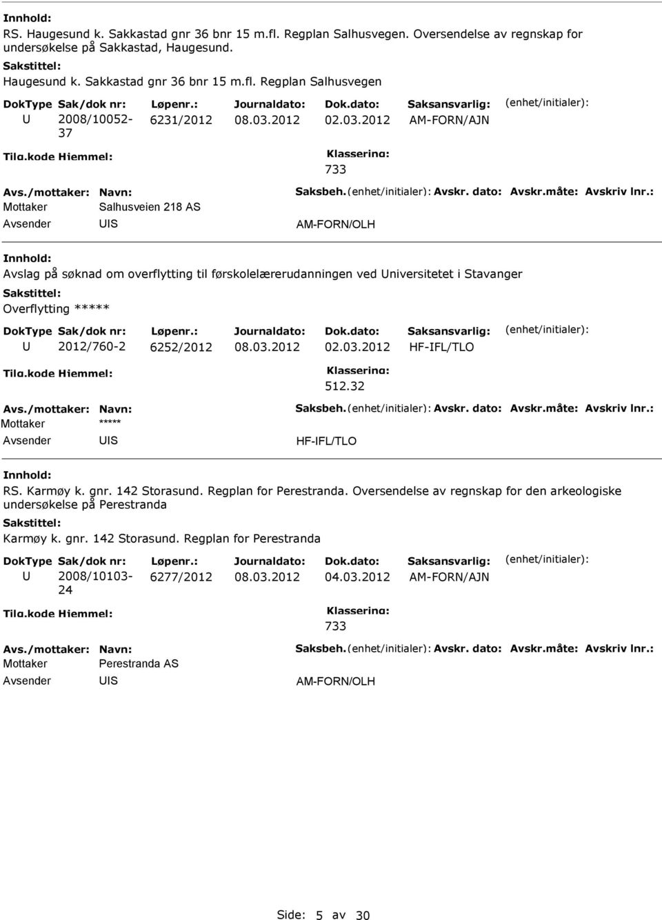 2012 AM-FORN/AJN 733 Mottaker alhusveien 218 A AM-FORN/OLH Avslag på søknad om overflytting til førskolelærerudanningen ved niversitetet i tavanger Overflytting ***** 2012/760-2 62/2012 02.