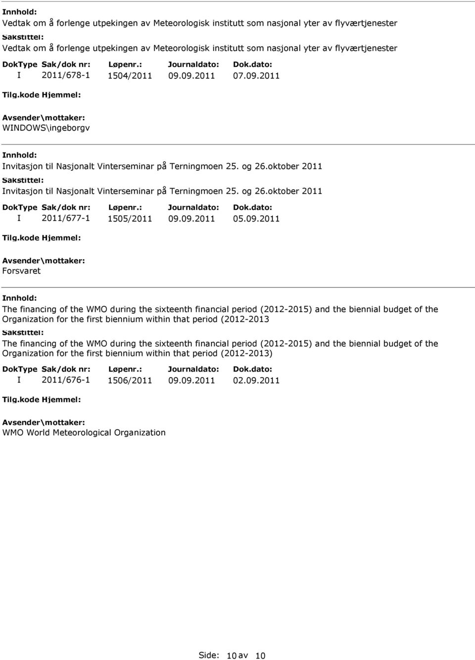 09.2011 Forsvaret The financing of the WMO during the sixteenth financial period (2012-2015) and the biennial budget of the Organization for the first biennium within that period (2012-2013 The