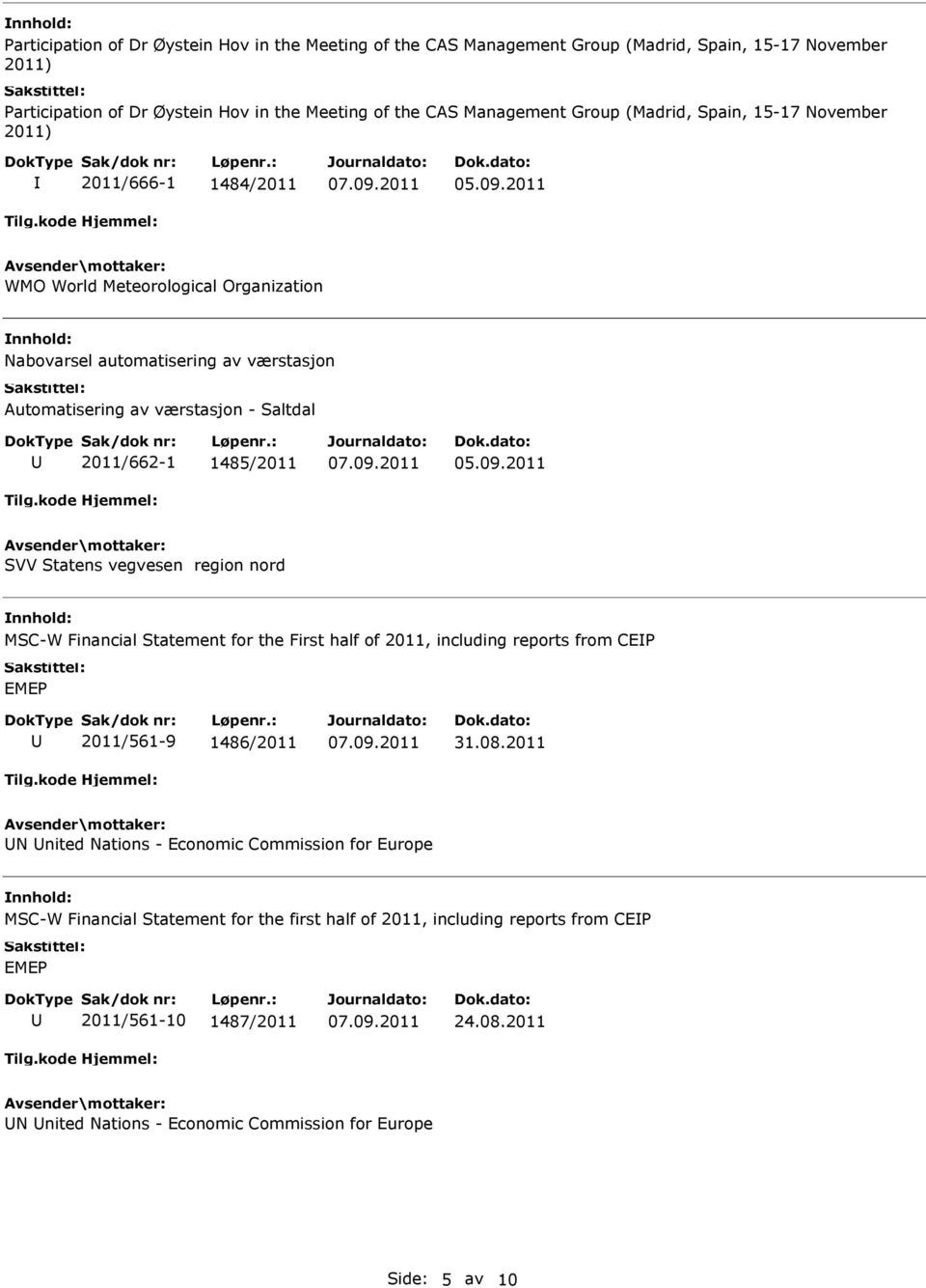 SVV Statens vegvesen region nord MSC-W Financial Statement for the First half of 2011, including reports from CE EME 2011/561-9 1486/2011 N nited Nations - Economic Commission