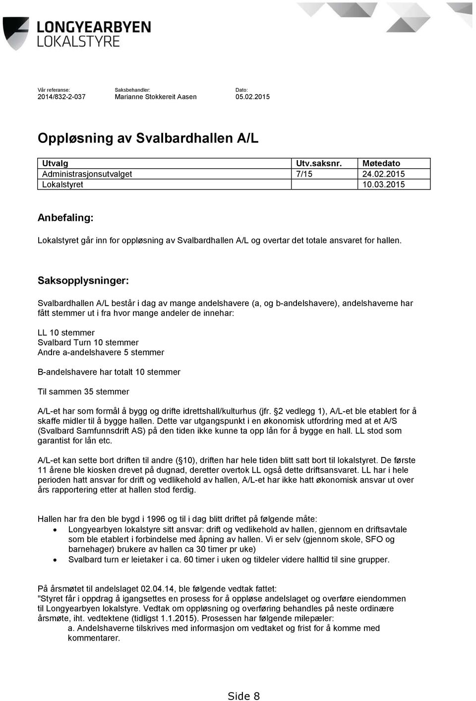 Saksopplysninger: Svalbardhallen A/L består i dag av mange andelshavere (a, og b-andelshavere), andelshaverne har fått stemmer ut i fra hvor mange andeler de innehar: LL 10 stemmer Svalbard Turn 10