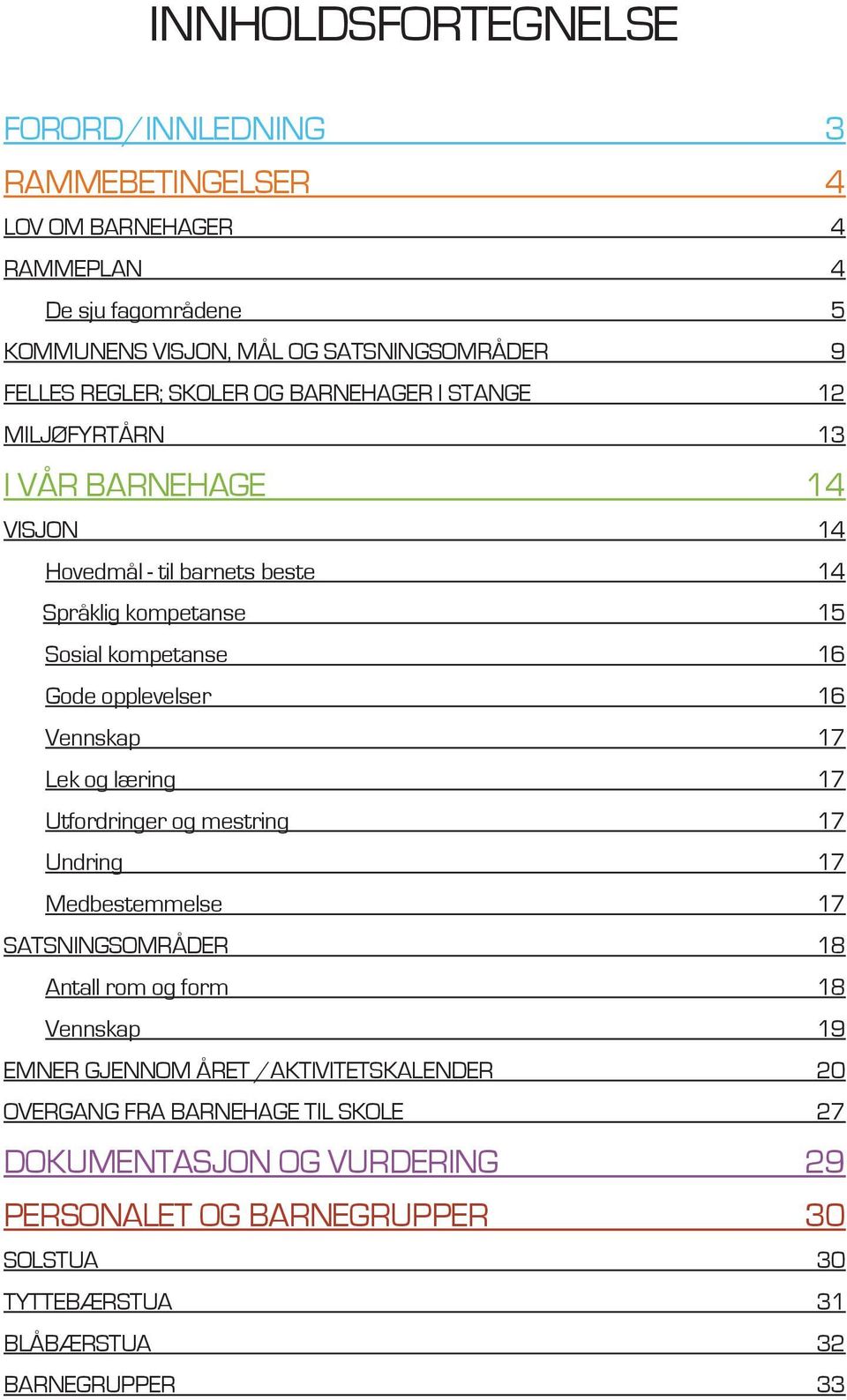 opplevelser 16 Vennskap 17 Lek og læring 17 Utfordringer og mestring 17 Undring 17 Medbestemmelse 17 SATSNINGSOMRÅDER 18 Antall rom og form 18 Vennskap 19 EMNER GJENNOM