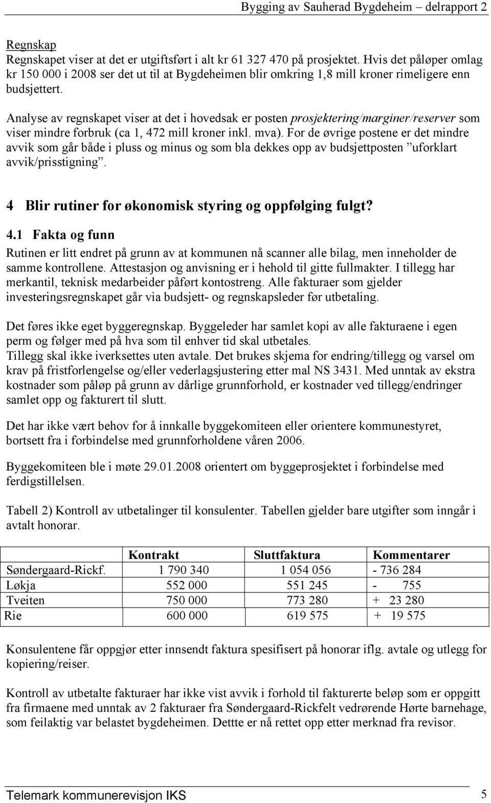 Analyse av regnskapet viser at det i hovedsak er posten prosjektering/marginer/reserver som viser mindre forbruk (ca 1, 472 mill kroner inkl. mva).