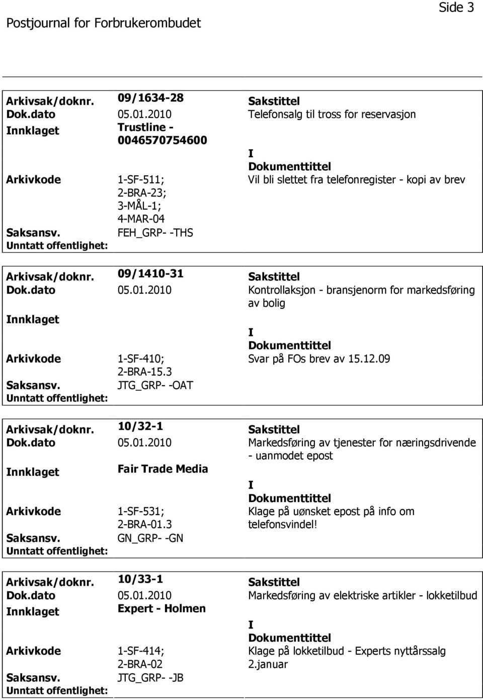 09/1410-31 Sakstittel Dok.dato 05.01.2010 Kontrollaksjon - bransjenorm for markedsføring av bolig nnklaget 1-SF-410; 2-BRA-15.3 JTG_GRP- -OAT Svar på FOs brev av 15.12.09 Arkivsak/doknr.