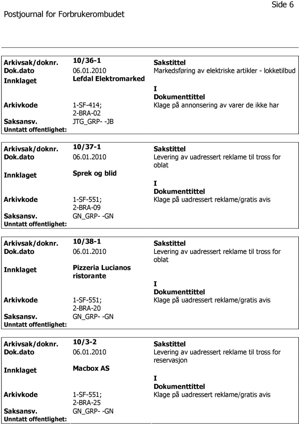 01.2010 Levering av uadressert reklame til tross for oblat nnklaget Sprek og blid 1-SF-551; 2-BRA-09 Klage på uadressert reklame/gratis avis GN_GRP- -GN Arkivsak/doknr. 10/38-1 Sakstittel Dok.dato 06.