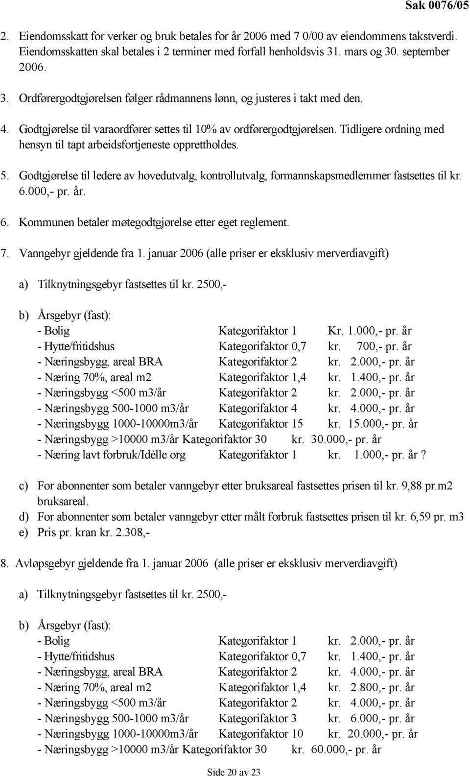 Tidligere ordning med hensyn til tapt arbeidsfortjeneste opprettholdes. 5. Godtgjørelse til ledere av hovedutvalg, kontrollutvalg, formannskapsmedlemmer fastsettes til kr. 6.