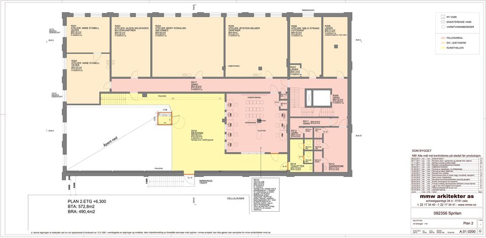 T=100,2m2 h=8200mm ca. Planlagt bruk: Utstillingsareal u. 03 Snit Snit R217 R=34,5m2 T=39,5m2 R MNINS TRPP R205 TLIR: YSTIN SLMR RIKR R=54m2 T=60,3m2 SSTKNL!