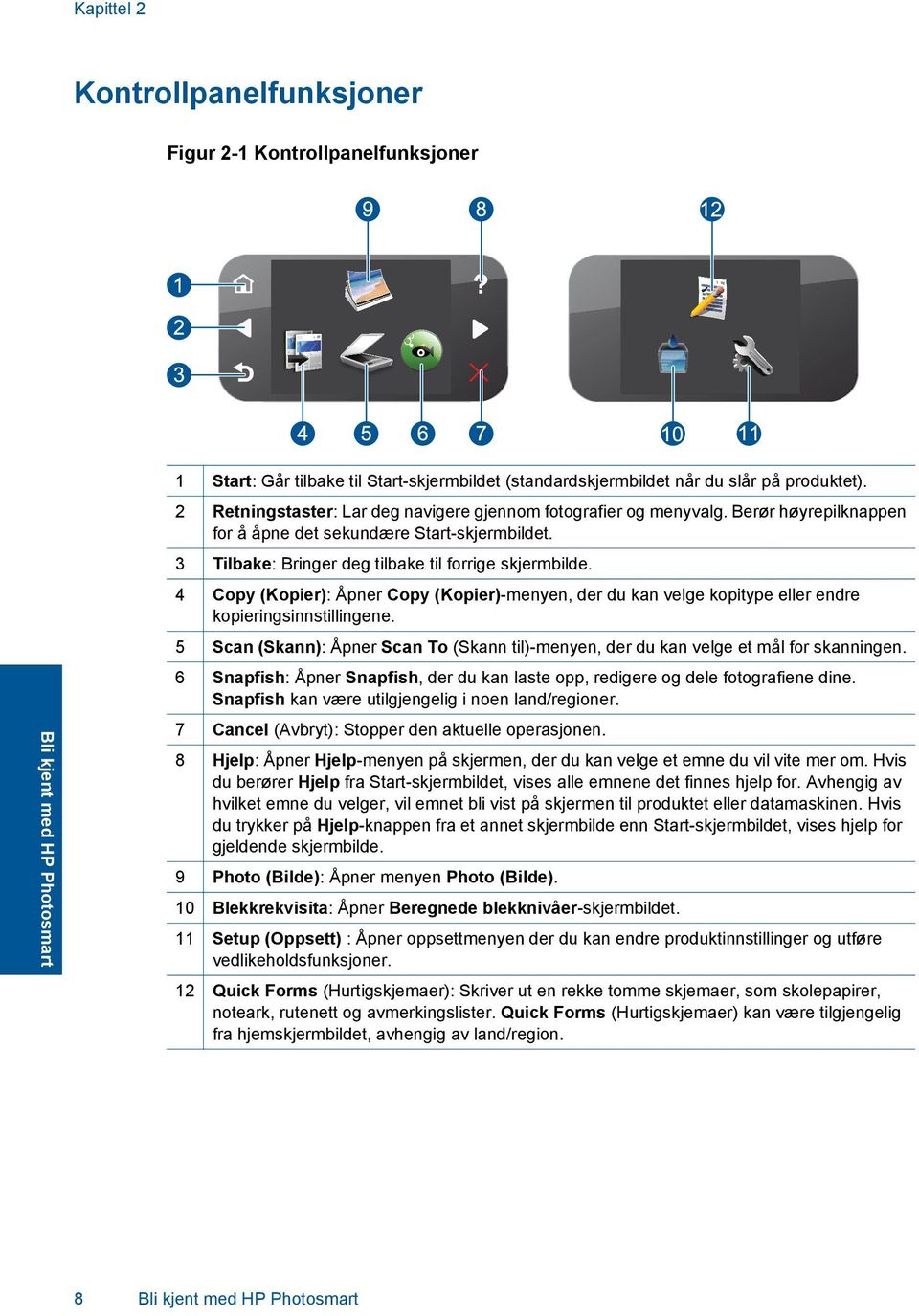 4 Copy (Kopier): Åpner Copy (Kopier)-menyen, der du kan velge kopitype eller endre kopieringsinnstillingene. 5 Scan (Skann): Åpner Scan To (Skann til)-menyen, der du kan velge et mål for skanningen.