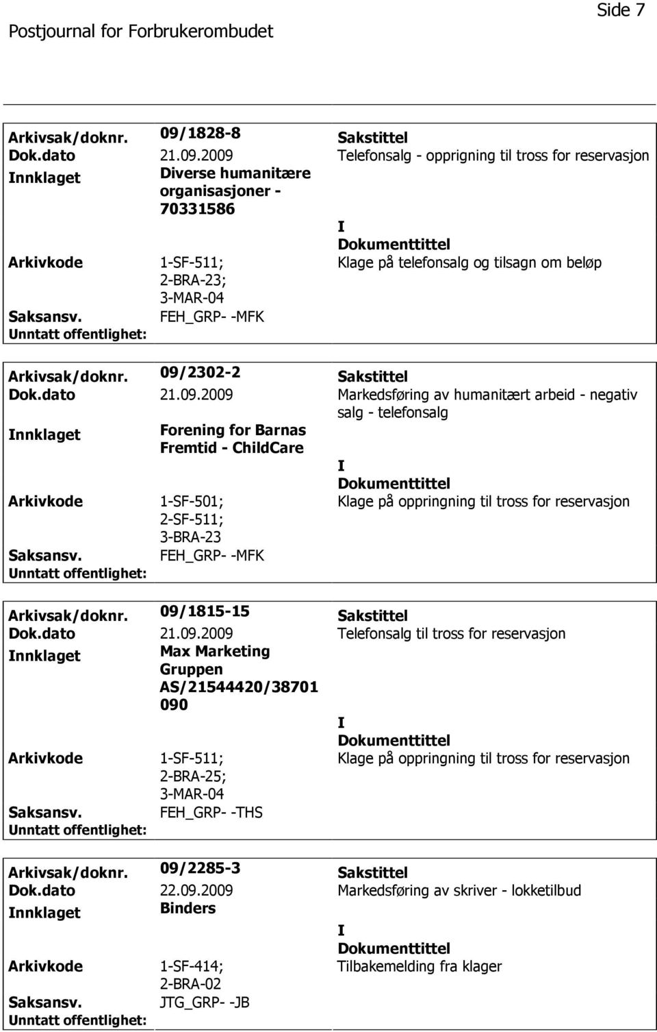 2009 Telefonsalg - opprigning til tross for reservasjon nnklaget Diverse humanitære organisasjoner - 70331586 1-SF-511; 2-BRA-23; 3-MAR-04 Klage på telefonsalg og tilsagn om beløp FEH_GRP- -MFK