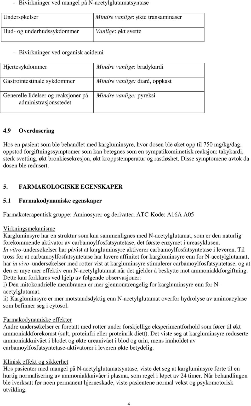 9 Overdosering Hos en pasient som ble behandlet med kargluminsyre, hvor dosen ble øket opp til 750 mg/kg/dag, oppstod forgiftningssymptomer som kan betegnes som en sympatikomimetisk reaksjon: