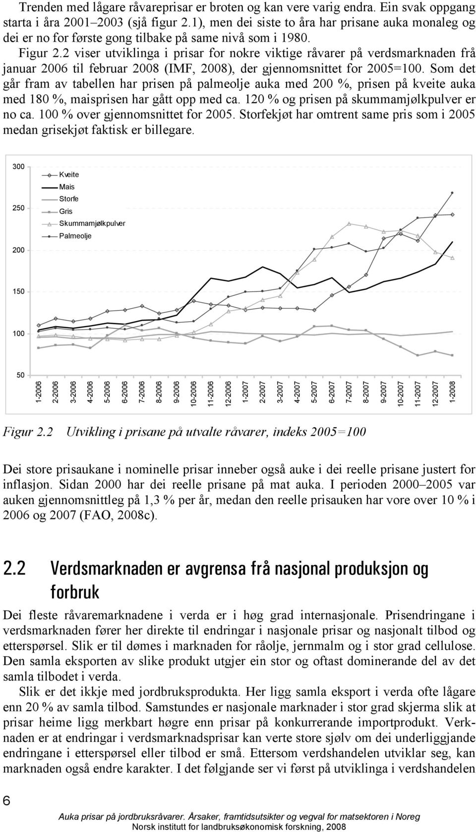 2 viser utviklinga i prisar for nokre viktige råvarer på verdsmarknaden frå januar 2006 til februar 2008 (IMF, 2008), der gjennomsnittet for 2005=100.