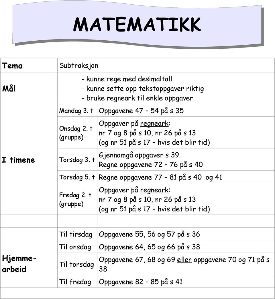 t Oppgaver på regneark: nr 7 og 8 på s 10, nr 26 på s 13 (og nr 51 på s 17 hvis det blir tid) Gjennomgå oppgaver s 39. Regne oppgavene 72 76 på s 40 Torsdag 5.