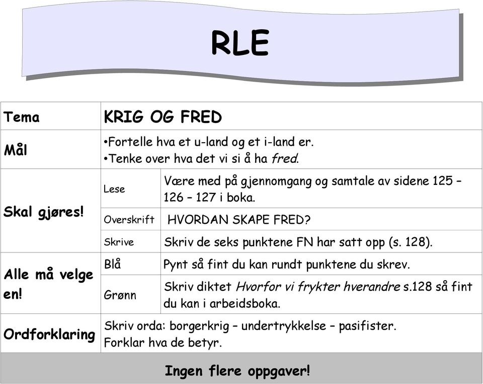 HVORDAN SKAPE FRED? Skrive Skriv de seks punktene FN har satt opp (s. 128). Blå Grønn Pynt så fint du kan rundt punktene du skrev.